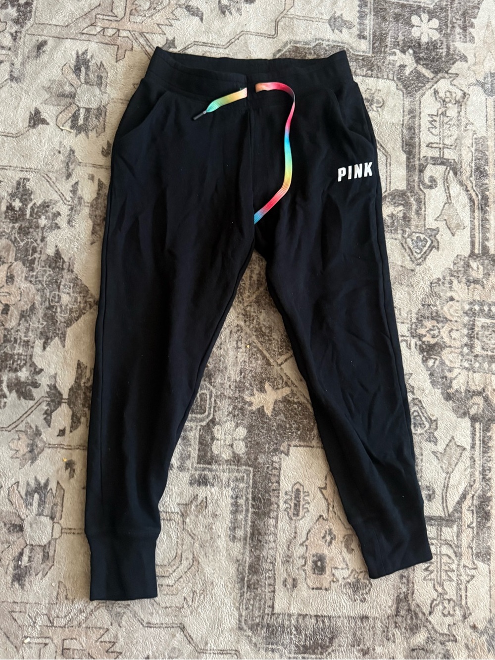 Victoria's Secret PINK Black Joggers with Rainbow Drawstring